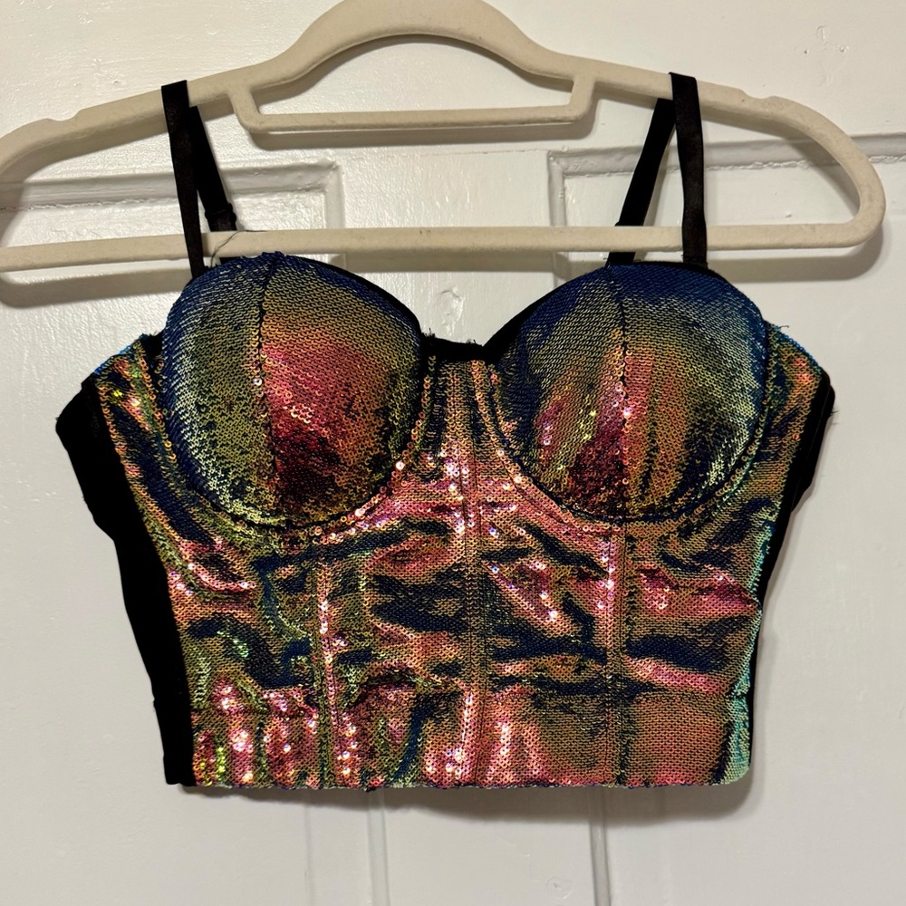 Akira Sequin Iridescent Corset Crop Top